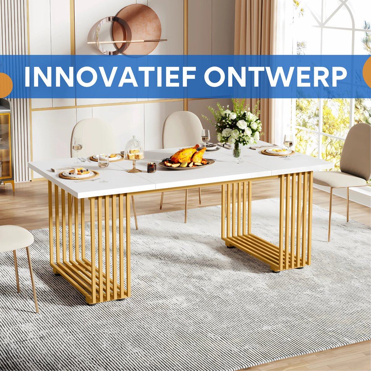 Moderne eetkamertafel Novio - Woonkamer -Marmerlook Blad - 160cm