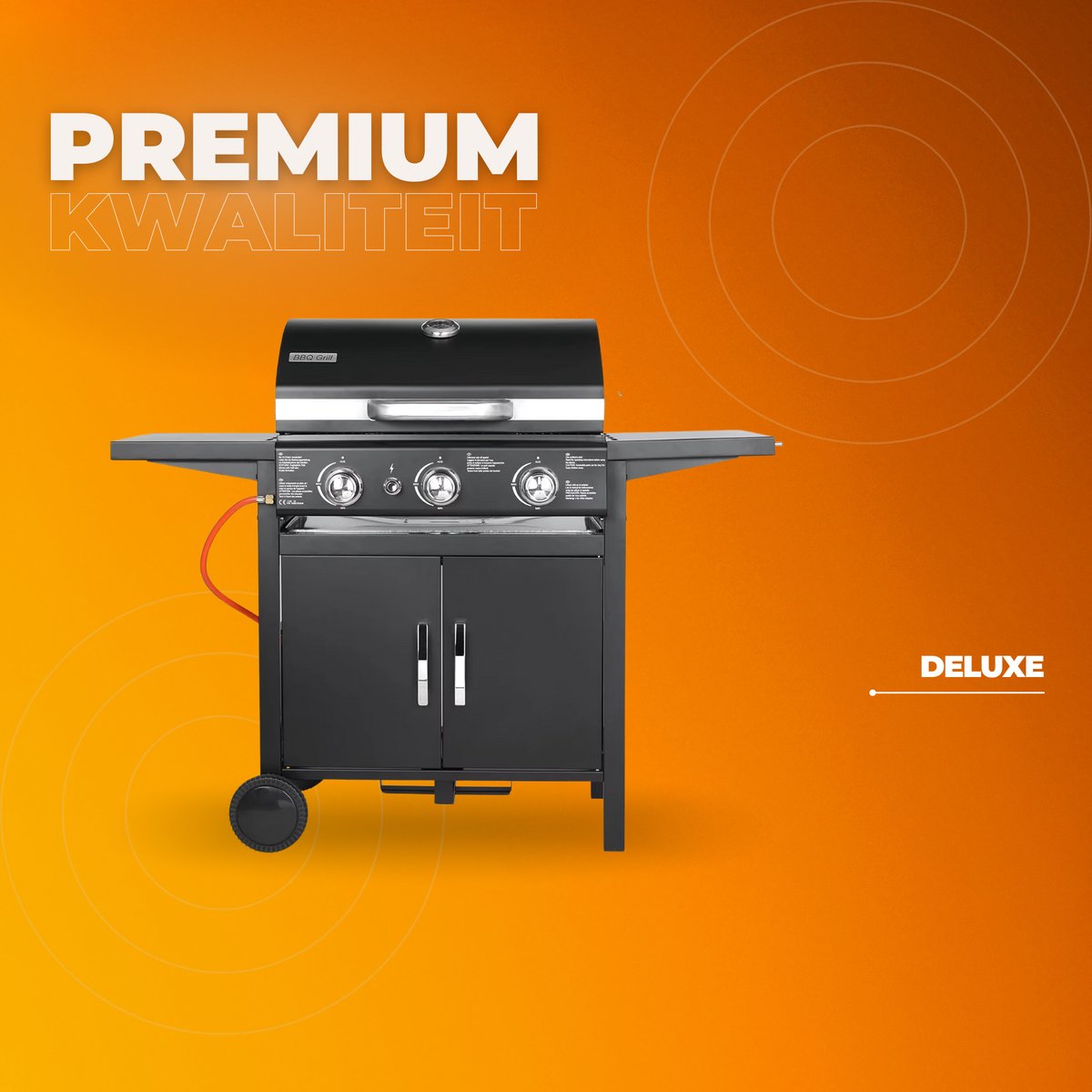 Propaangas BBQ-Grill met 3 Branders - Gas barbecue - Gietijzeren Roosters, Impulsontsteking & Thermometer