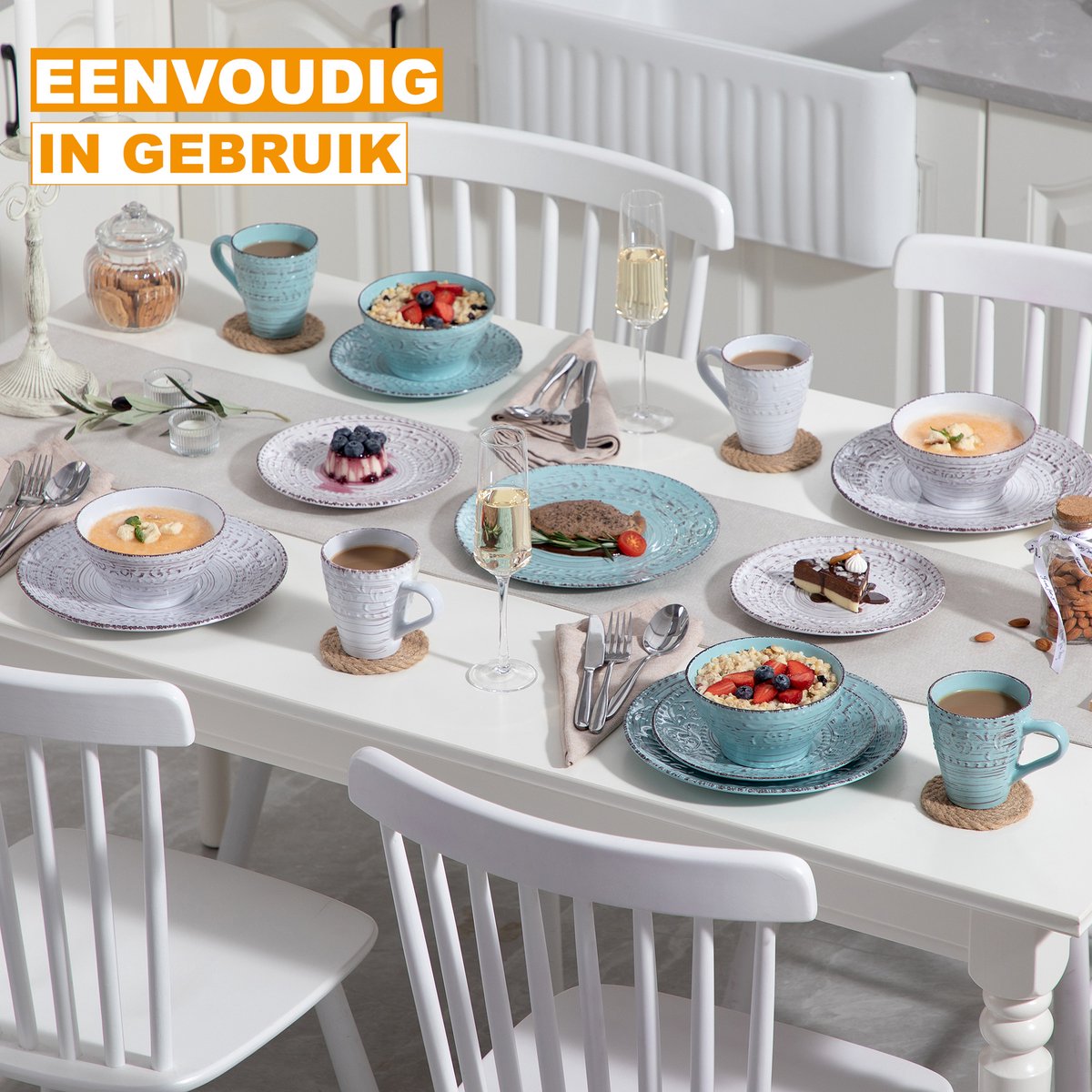 Eminent Bordenset – 8 persoons – 32 delig - Wit/blauw Keramisch – Dinerborden – Ontbijtborden