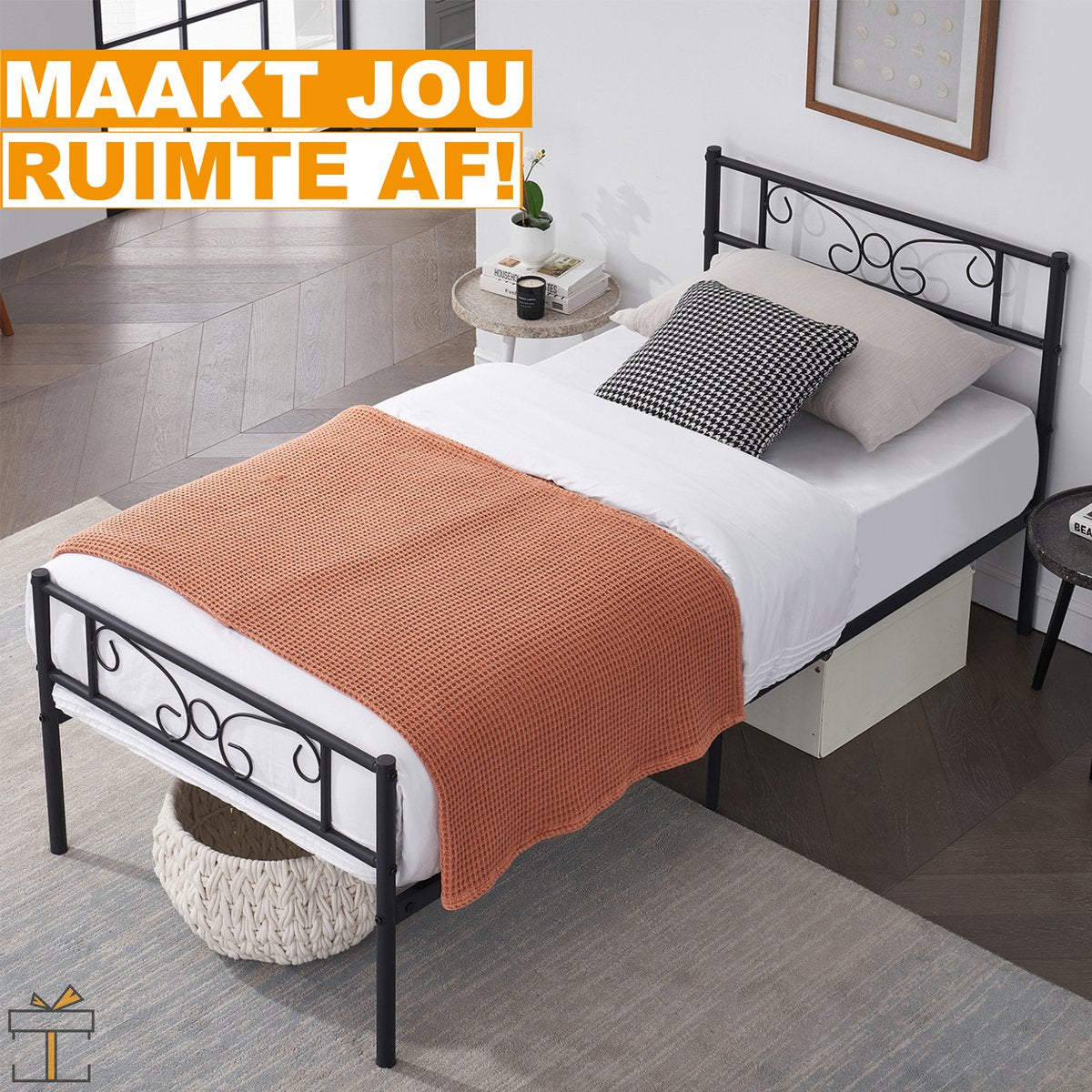 Happyment Metalen bedframe - 1 persoons - 90 x 190cm - Incl. lattenbodem - Zwart