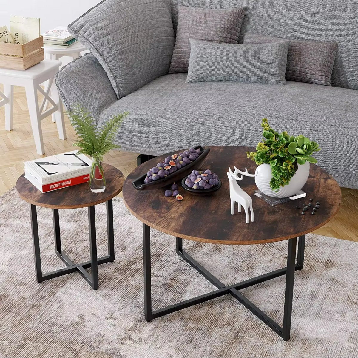 Salontafel - Bijzettafels - 2 stuks - Voor Woonkamer - Vintage Bijzettafel van Hout met Metalen Poten - Middentafel 80cm x 42cm - Bruin