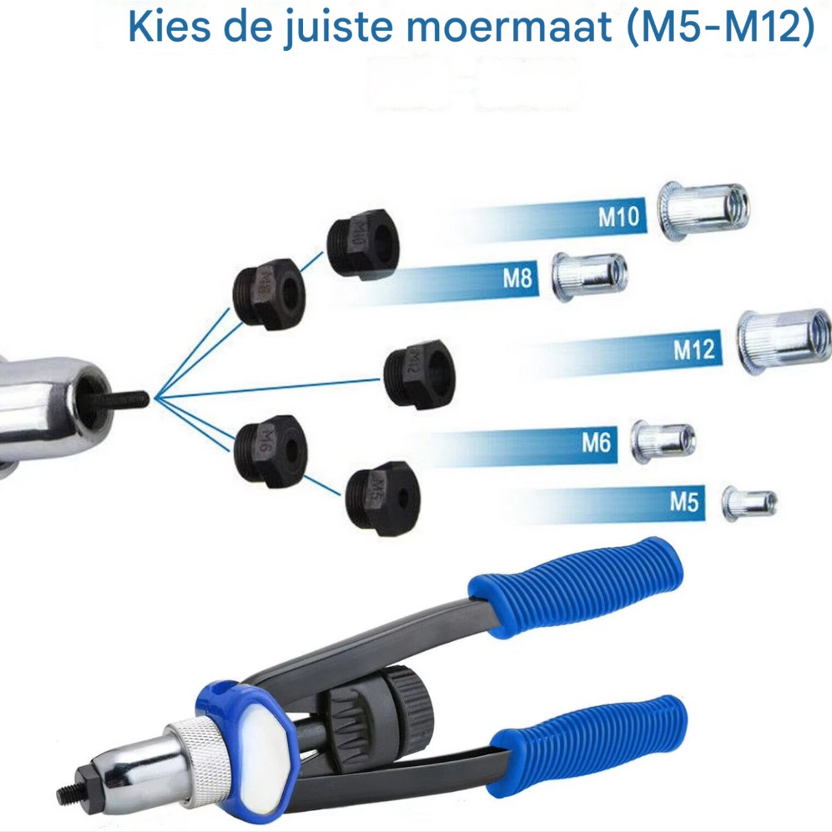 Profi Nietmutternzange Set - Blindklinkmoertang & Nietmachine - Inclusief 150 Moeren - M5-M12 Rivets & Accessoires