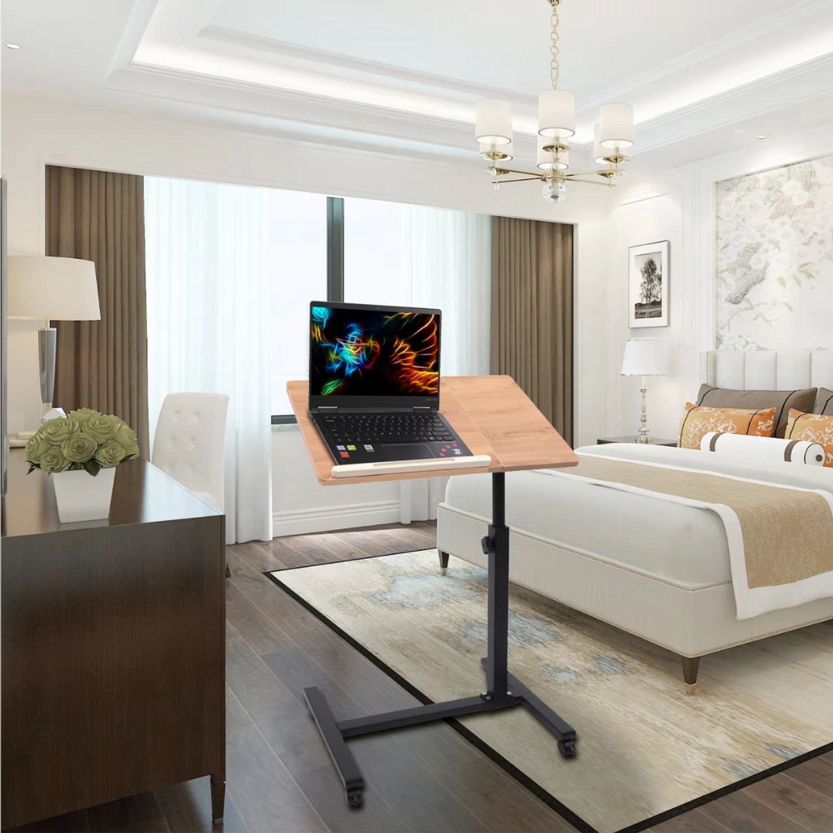 Laptop stand - Bed tafel - Bijzettafel - Laptoptafel - Voor Thuiskantoor en Studeren - Tafelblad op wielen - Khaki