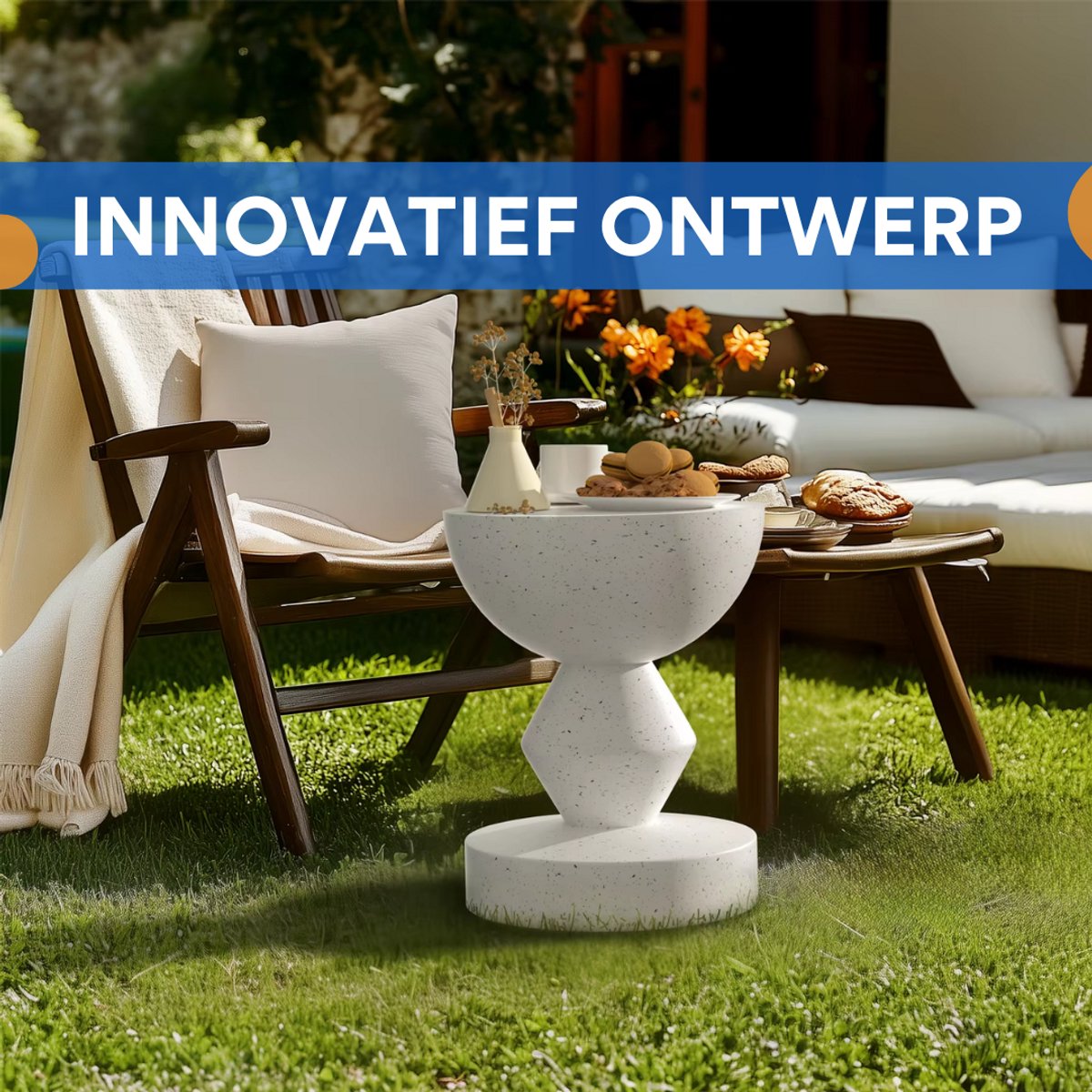 Moderne Betonnen Bijzettafel - Voor Binnen & Buiten - Ronde Salontafel & Tuinkruk - Uniek Vormgegeven Accenttafel