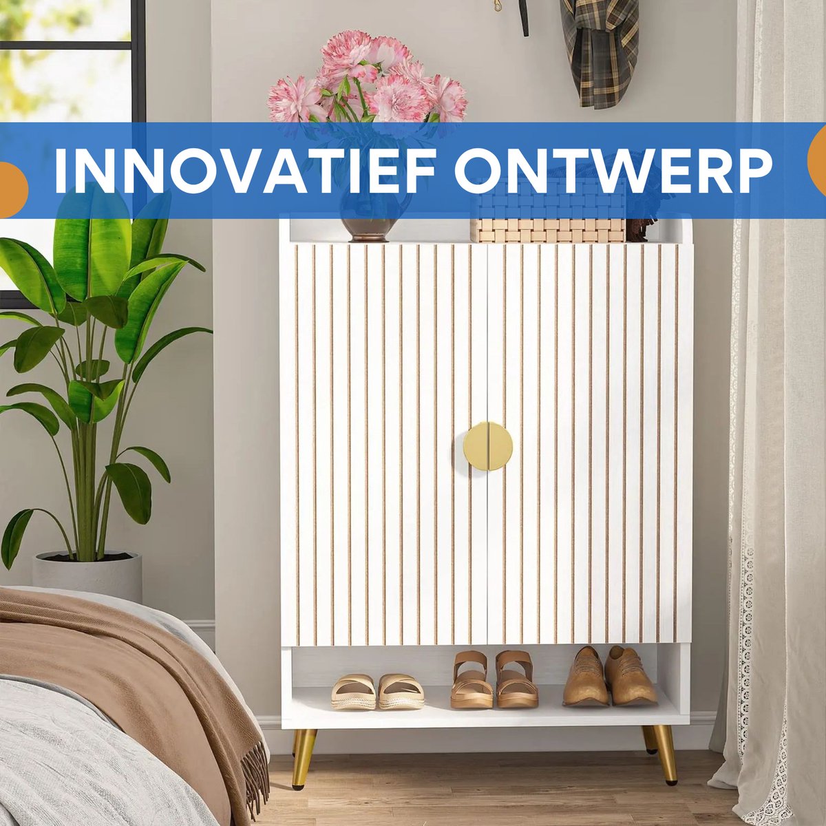 Schoenenkast Nero met deuren - Wit - Schoenenrek - 110cm - 6 laags - Houten opbergkast