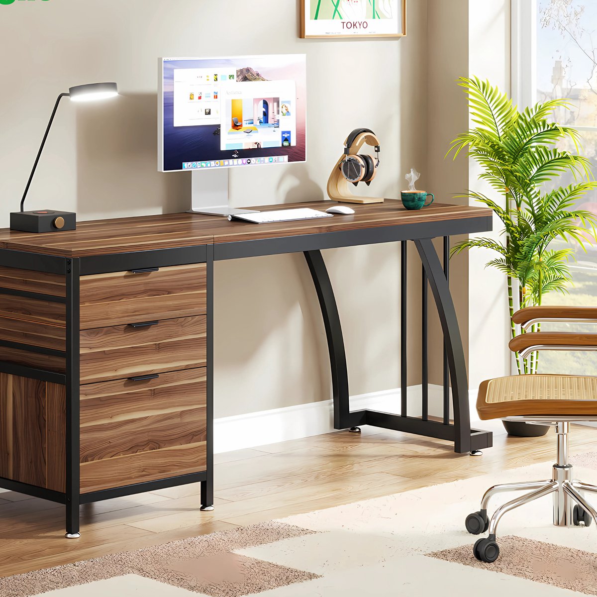 Computerbureau - Bureau met lades - Werktafel - Voor studeren of werken - 3 lades - Walnut