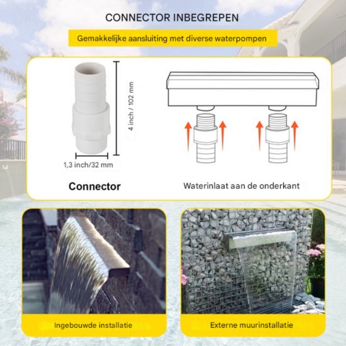 Zwembad fontein - 59CM - Waterval - RVS - Binnen en buiten - Met Connector Slang Klem PTFE Tape
