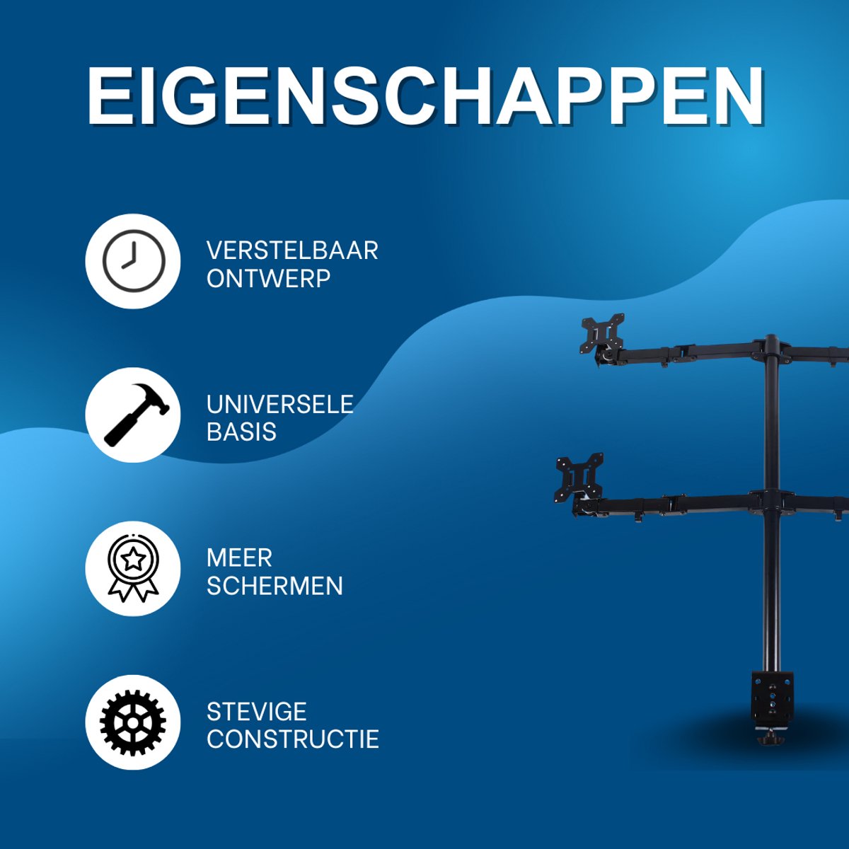 Monitor arm Quattro - Voor 4 schermen - Beugel - Voor kantoor en werkplek - Verstelbare bureausteun voor 4 schermen (10-27 inch) - Met universele basis