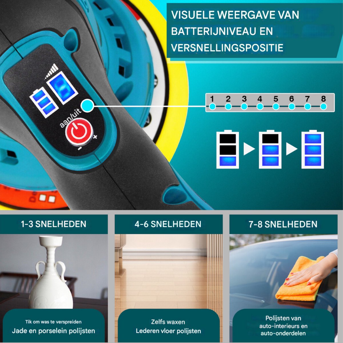 Draadloze Bufferpolijstmachine - Borstelloos - 8 Snelheden - 2000mAh Accu - Voor Auto Detailing & Waxen