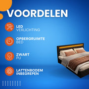 Bed - Tweepersoonsbedden - Tweepersoonsbed - Voor Slaapkamer - Functioneel Tweepersoonsbed met LED-verlichting, Lattenbodem & Opbergruimte - Zwart PU Lee - 160x200
