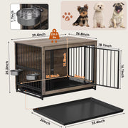 Houten Hondenbenche - Hondenren - Hondenkrat Bijzettafel met Afneembare Kommen en Dienblad - Dubbele Deuren Hondenkennel voor Middelgrote Honden Binnen - 99 x 63 x 75 cm - Grijs