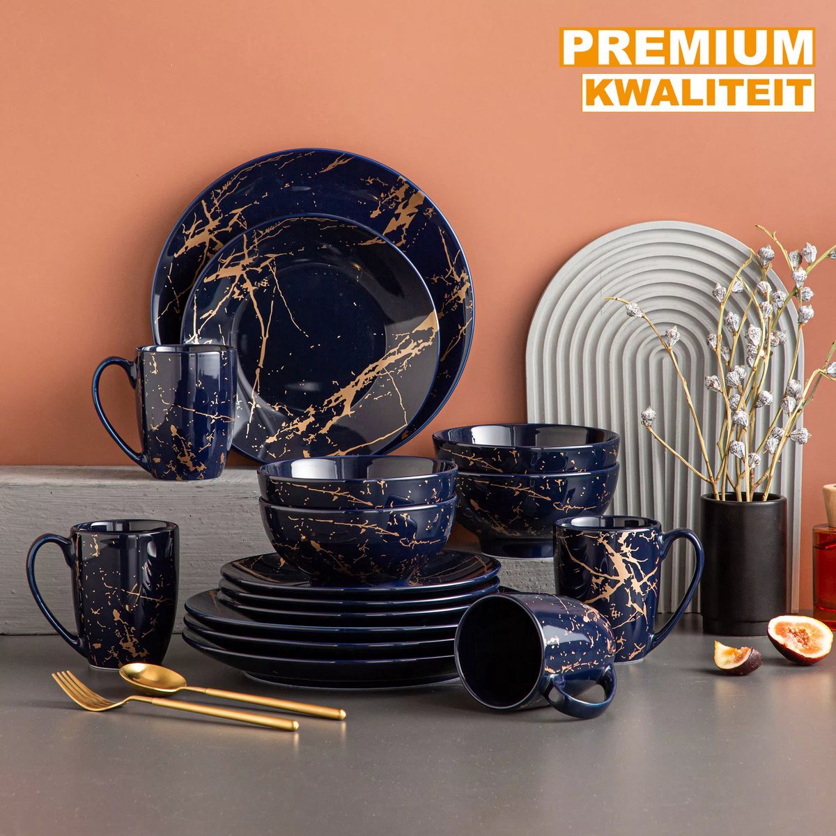 Regalio Serviesset Zafiro - 16 delig - 4 persoons - Donkerblauw/Goud - Dinerborden - Bordenset - Diepe borden - Ontbijtborden - Servies - Keukenservies