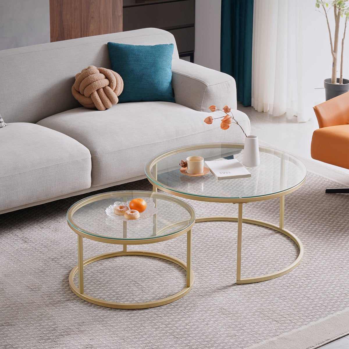 Happyment Moderne Salontafel - Set van 2 - Landelijk - Woonkamer - Rond - Glas goud - 60 en 40cm