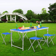 Kampeertafel 5-delig - Opvouwbaar - Klaptafel - Voor Camping en Tuin - Inklapbaar met 4 Krukken - Aluminium 120 cm - Blauw