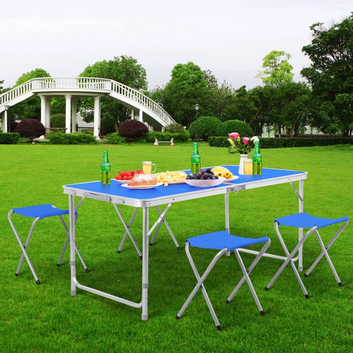Kampeertafel 5-delig - Opvouwbaar - Klaptafel - Voor Camping en Tuin - Inklapbaar met 4 Krukken - Aluminium 120 cm - Blauw