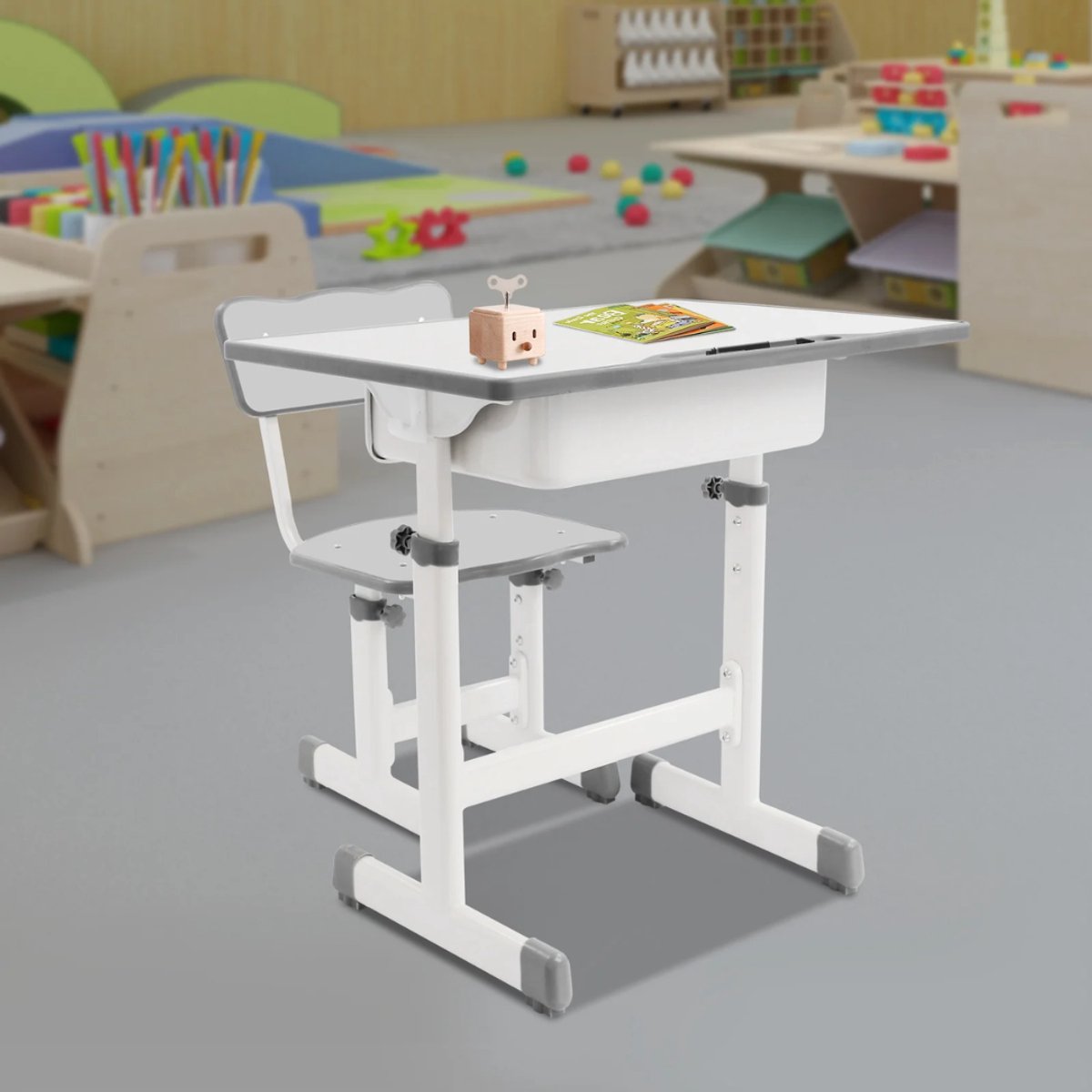 Kinderbureau met stoel - Voor kinderen - Verstelbaar bureau- en stoeltjesset - Grijs