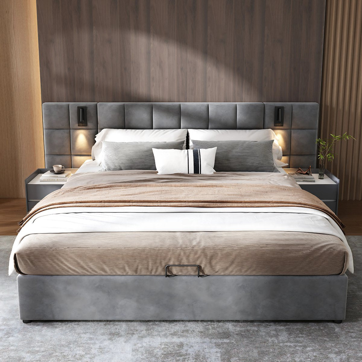 Hydraulisch Bed 180x200 cm - Voor Slaapkamer - Met LED-verlichting, USB-poorten & Verstelbaar Hoofdeinde - Fluweel in Grijs Schaakbordpatroon