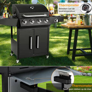 BBQ 5 in 1 - Barbecue op gas - Zwart - Thermostaat - Olievanger accessoires - Gasgrill met zijbrander