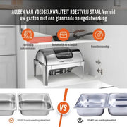 Buffetwarmer XL - Kijkglas - RVS - Warmhoudplaat - Voedselverwarmer met deksel - Chafing dish - Warmhoudbakken - 10L