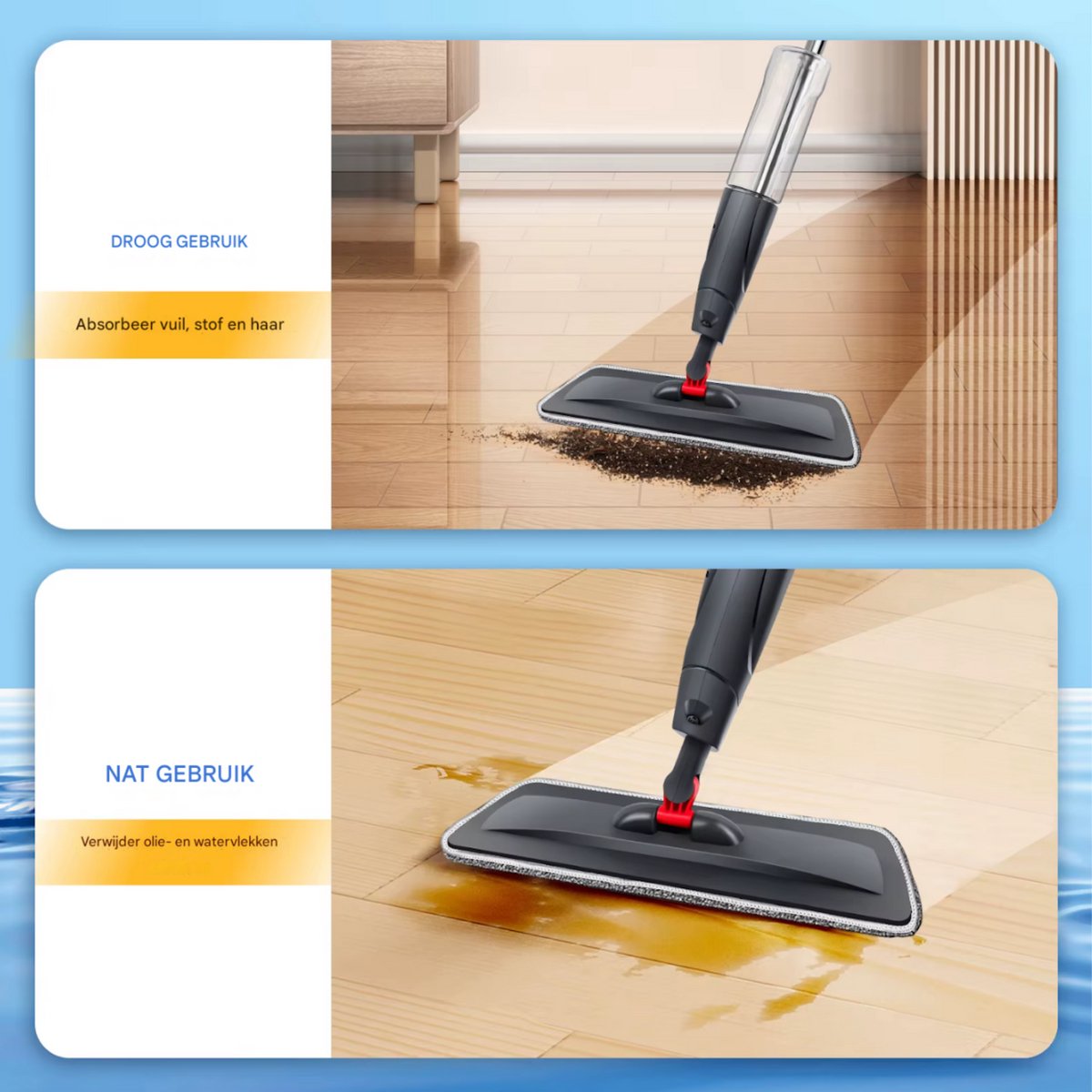 Roterende Dweil deluxe - Spuitfunctie - Natte en droge Vloerwisser met - 360° - 700ml