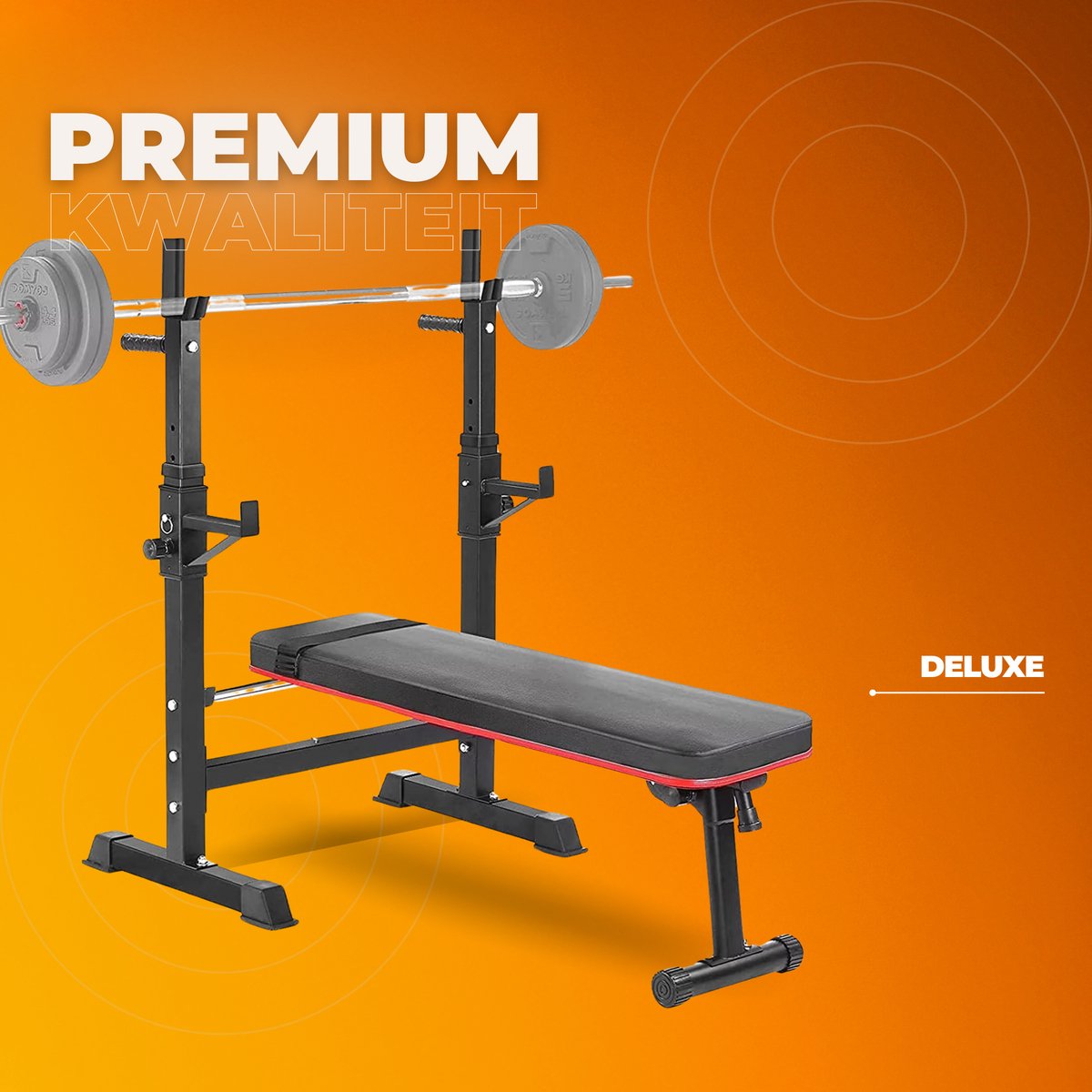 Multifunctionele Halterbank - Fitnessnank - Bench press - Bankdrukbank - Trainingsbank met Hulterrek, Opvouwbaar, Platte Bank en Squatrek - Tot 200 kg Capaciteit