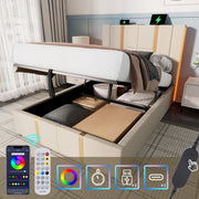 Bed - Eenpersoonsbedden - Voor Slaapkamer of Jeugdkamer - Met USB-C Oplaadfunctie, LED-verlichting & App-bediening - Opbergruimte, Lattenbodem & Beige Linnen - 90x200 cm
