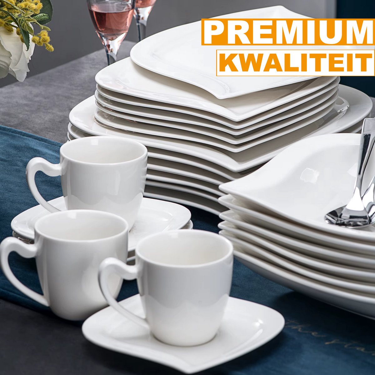 Refined Dinerborden – 6 persoons – 30 delig – Wit Keramisch – Serviesset – Breakfast Plates