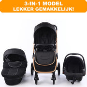 Happyment® kinderwagen 3 in 1 - Met stoel & wieg - Wandelwagen - Zwart