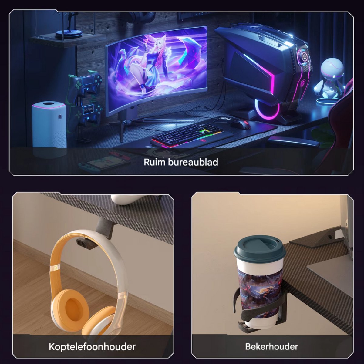 Gaming bureau Brutal - Met LED verlichting - Rechter Hoekbureau - 162cm desk - Metalen poten - Bekerhouder