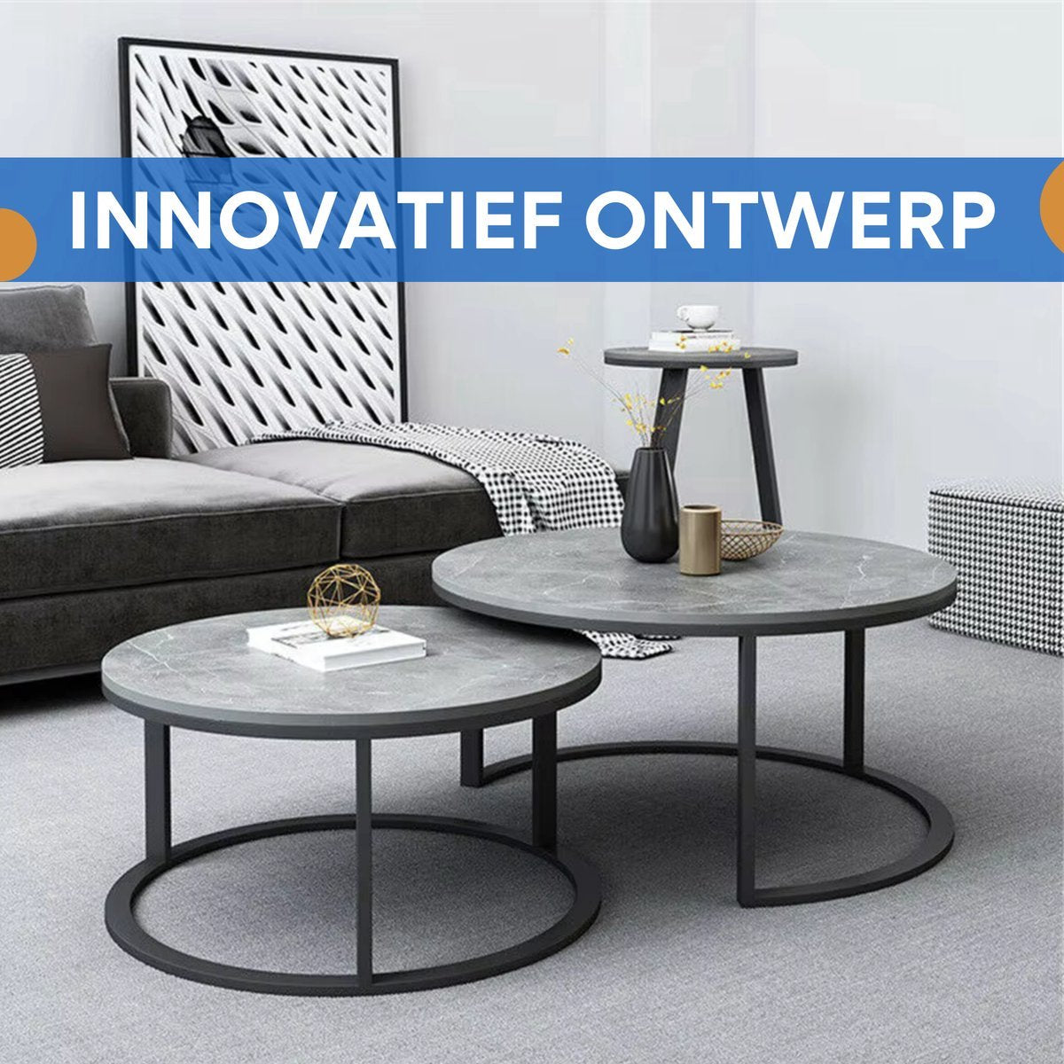 Salontafel Venetia Fioren - Ronde salontafel - Set van 2 - Marmer tafelblad - Bijzettafel woonkamer - Metalen poten - Grijs