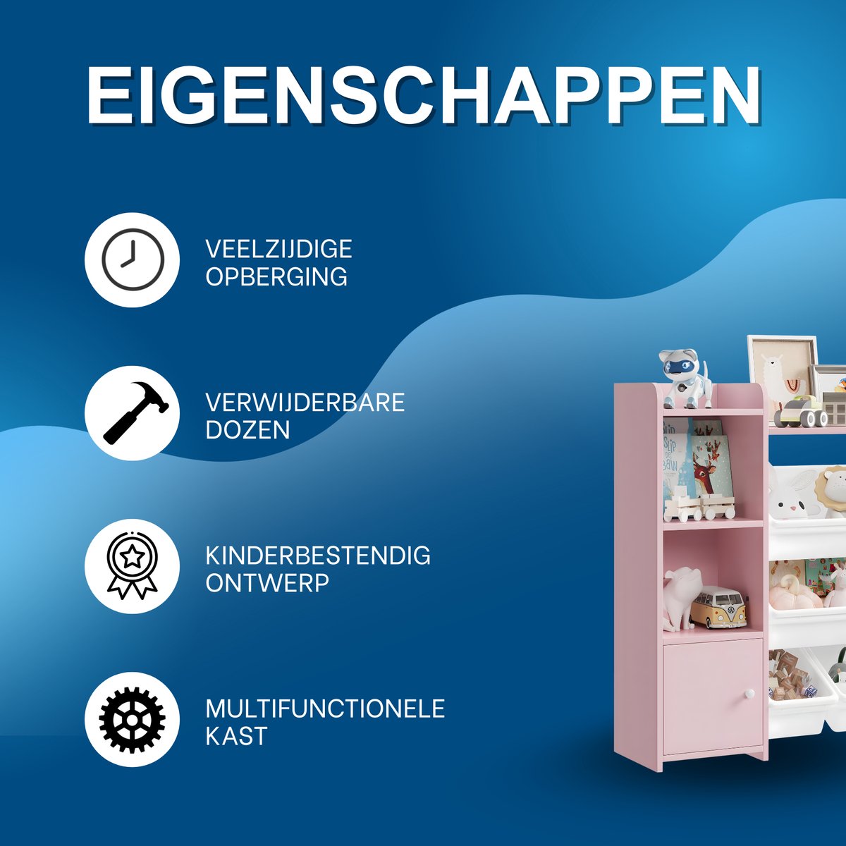 Speelgoedopbergkast – Kinderspeelkamer - Kinderboekenkast - Voor woonkamer, speelkamer en slaapkamer – Met 8 verwijderbare dozen en opbergplanken – 138,8×29,6×94,3 cm - Roze