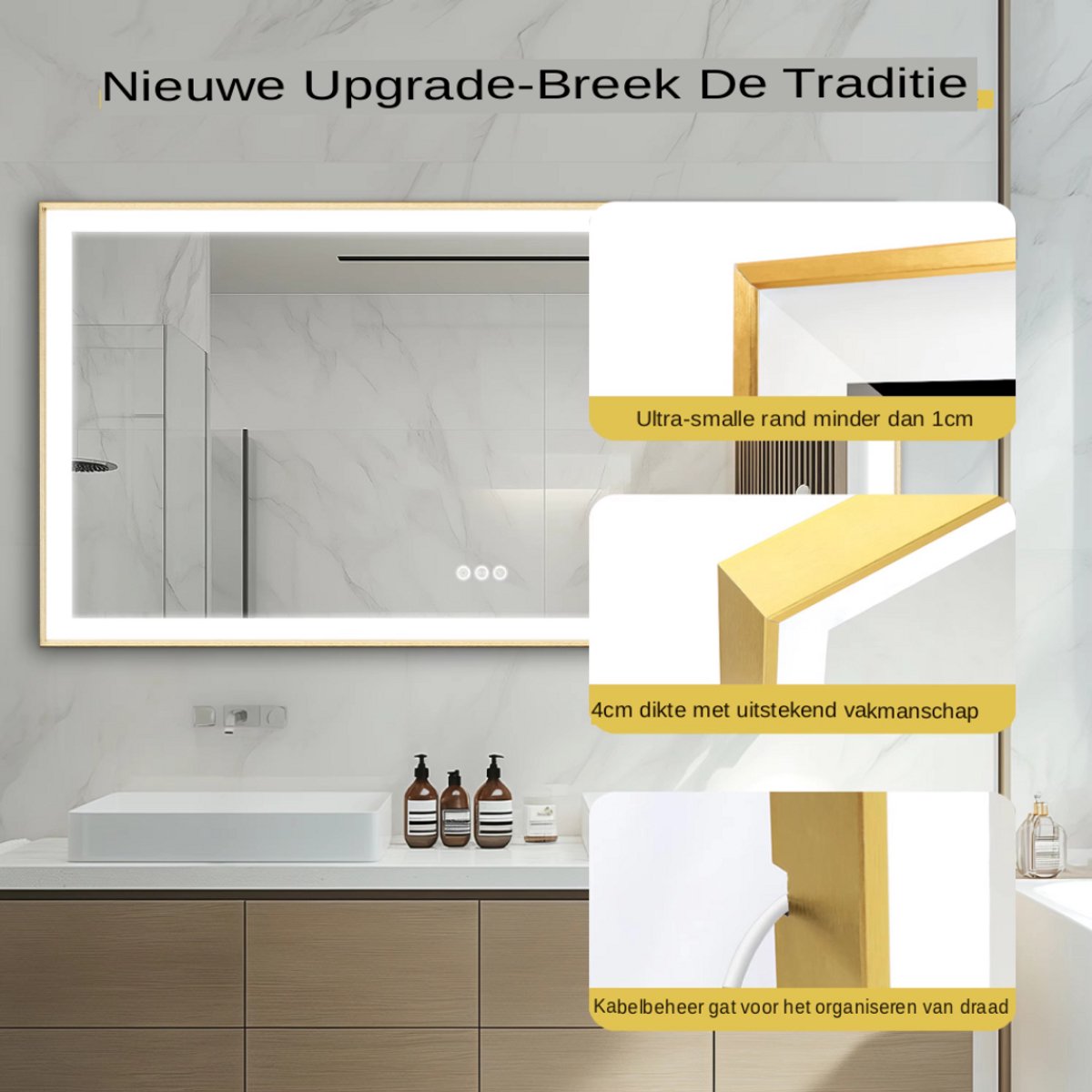 LED Badkamerspiegel met Verlichting - Rechthoek XL 160×80 cm - Goudkleurig Aluminium Frame - Touchbediening - Anticondens Wandspiegel