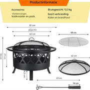 Vuurkorf Tavien met grillrooster - Tuinbarbecue - Vuurschaal - Terrashaard - Rookbarbecue - Voor Buiten BBQ - Voor tuin, terras en winterverwarming - Retro tuinhaard inclusief poker- en houtskoolrooster - Vuurplaats met vonkbescherming - Ø81 cm