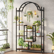 Plantenstandaard Vexal - 5 lagen - Gebogen Metalen Plantenrek - 190 cm hoog × 100 cm breed × 30 cm diep - Met Hangende Haken - Grote Bloemen