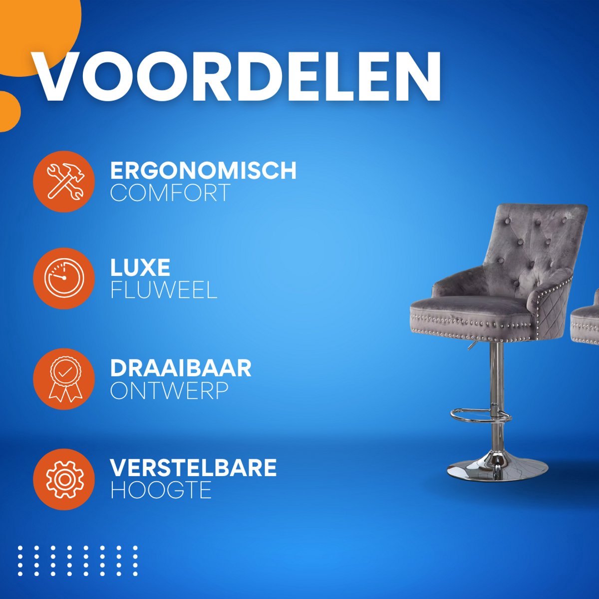Barkrukken Opulence - Luxe Set van 2 - Met rugleuning - Grijs - Velvet - Verstelbaar - Voor Keuken, Bar of woonkamer - Draaibaar