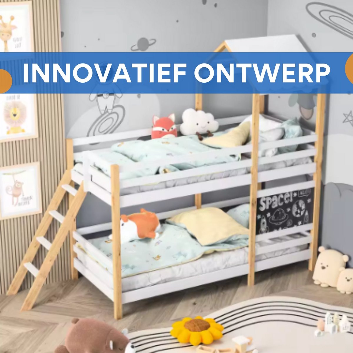Stapelbed voor kinderen - 90x200 cm - Kinderbedden - Schoolbord - Met Hoektrap, valbeveiliging en raam - Peuterbed - Hoogslaper