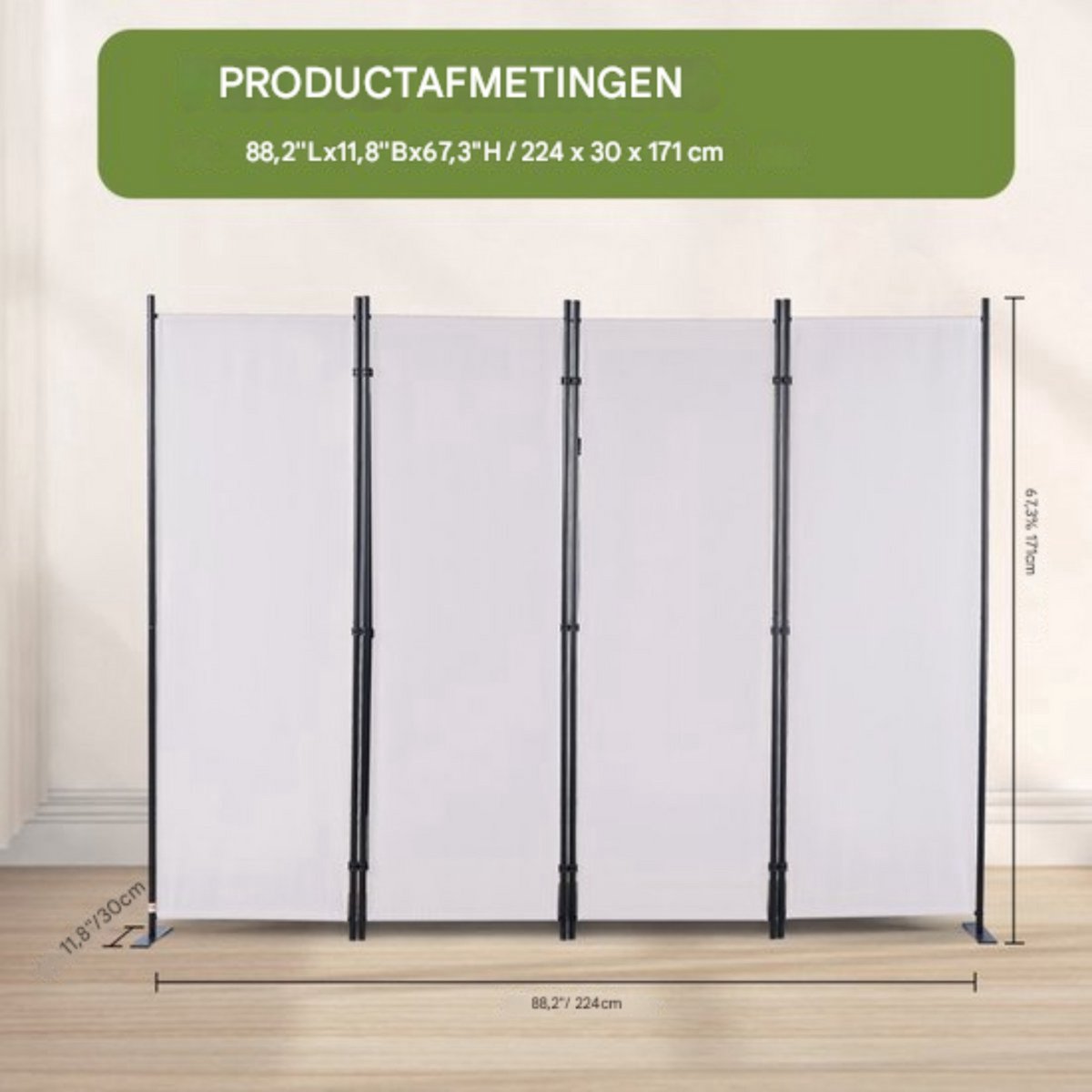 Scheidingswand - 4 panelen - Kamerscherm - Paravan - Wit - Opvouwbaar - 224x171cm