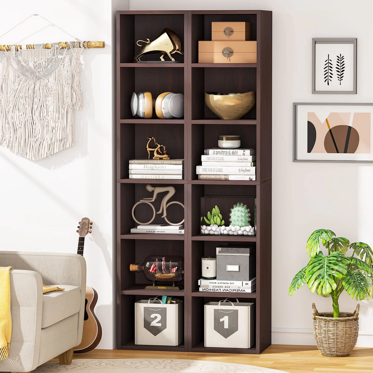 6-Lagen Hoek boekenkast - Boekenplank - Wandplank - Boekenrek - 30x30x180 cm - Voor Thuiskantoor en Kleine Ruimtes - Chocolade