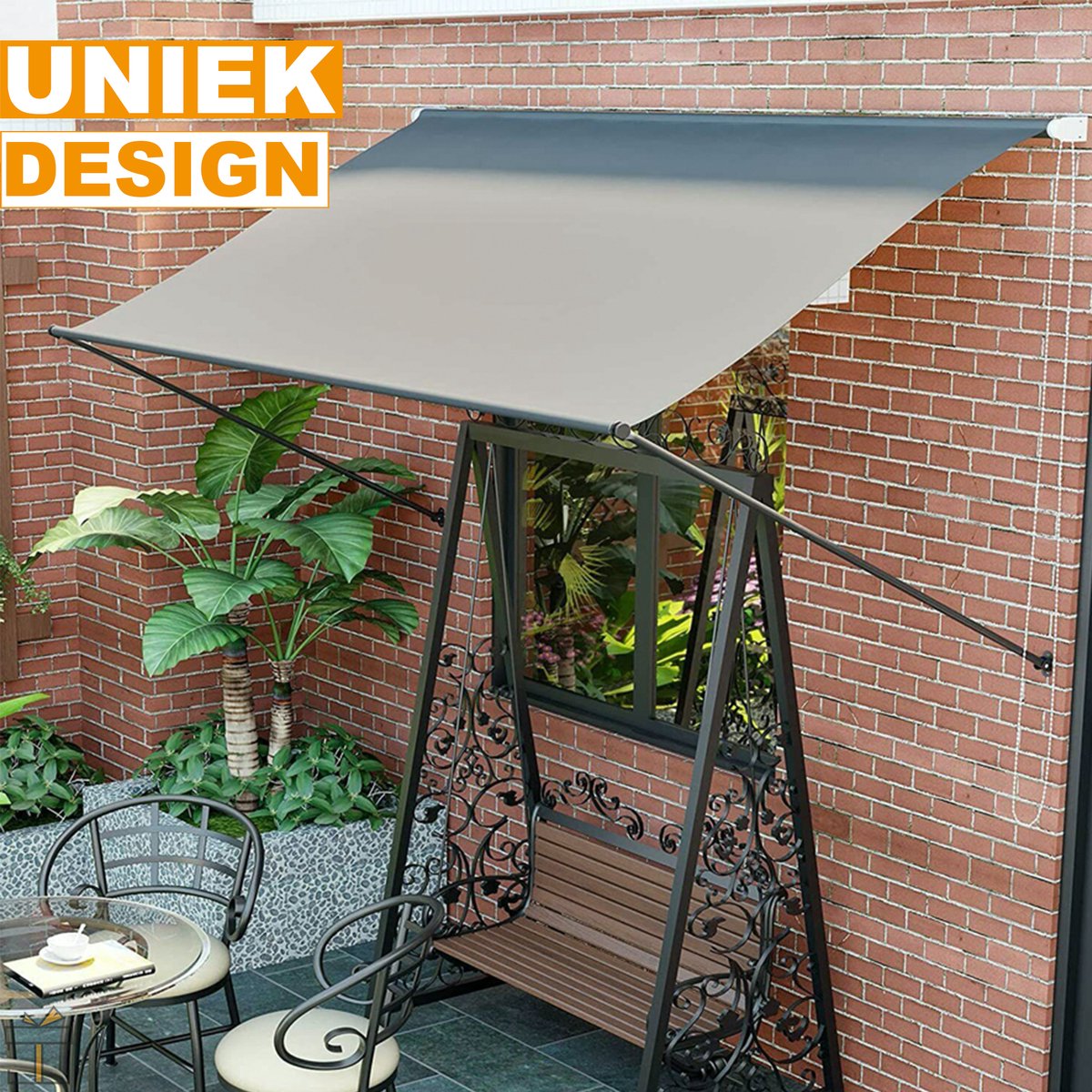 Happyment Zonneluifel deluxe - Handmatig - Luifel met steunpoten - Zonnescherm - Terras - Tuin of balkon - Grijs - 300x180cm