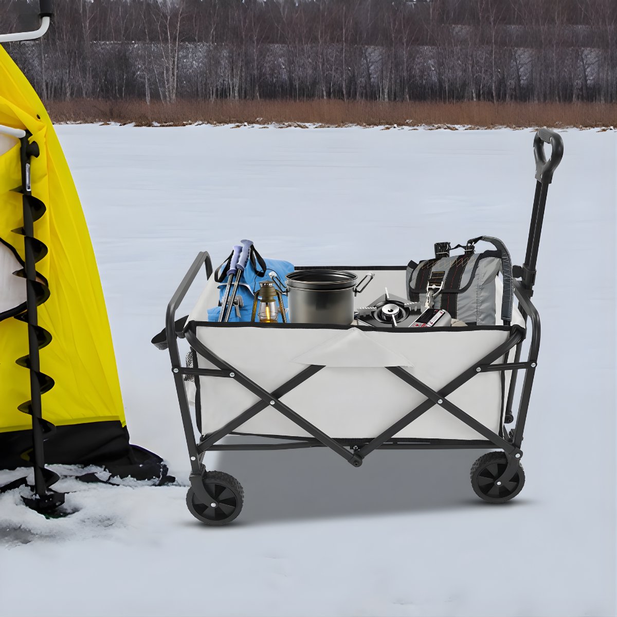 Opvouwbare Bolderkar – Bolderwagen - Voor strand, tuin en camping – Met wielen en duwstang – Khaki