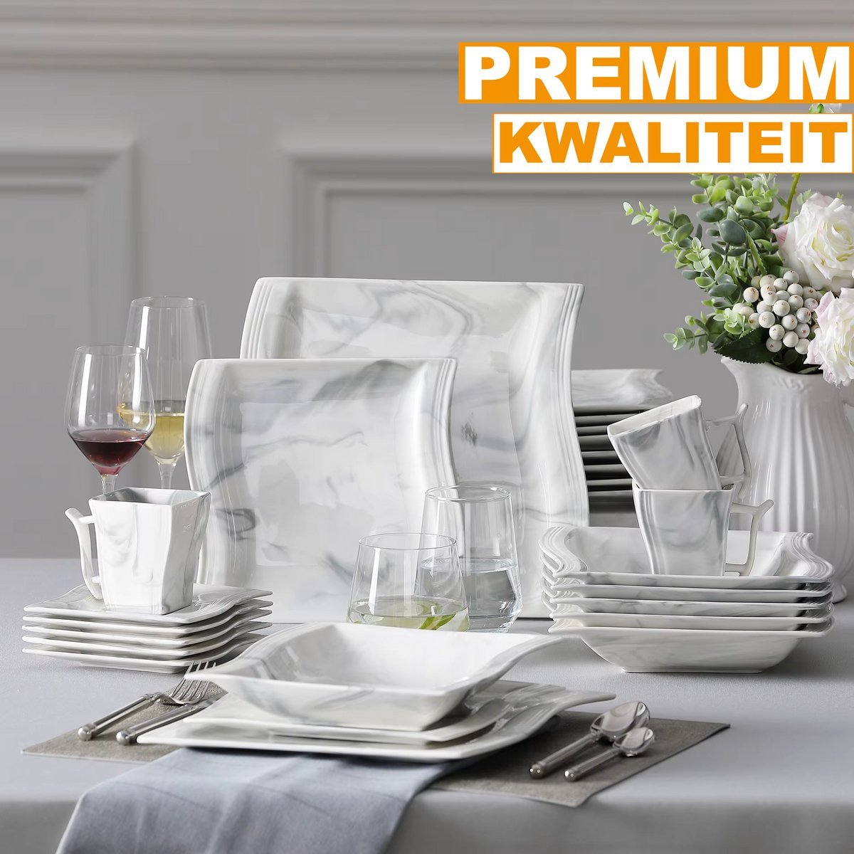 Royalty Dinerborden – Dinerborden – 6 persoons – 30 delig – Marmerlook Keramisch – Kleine Borden – Elegant tafelservies