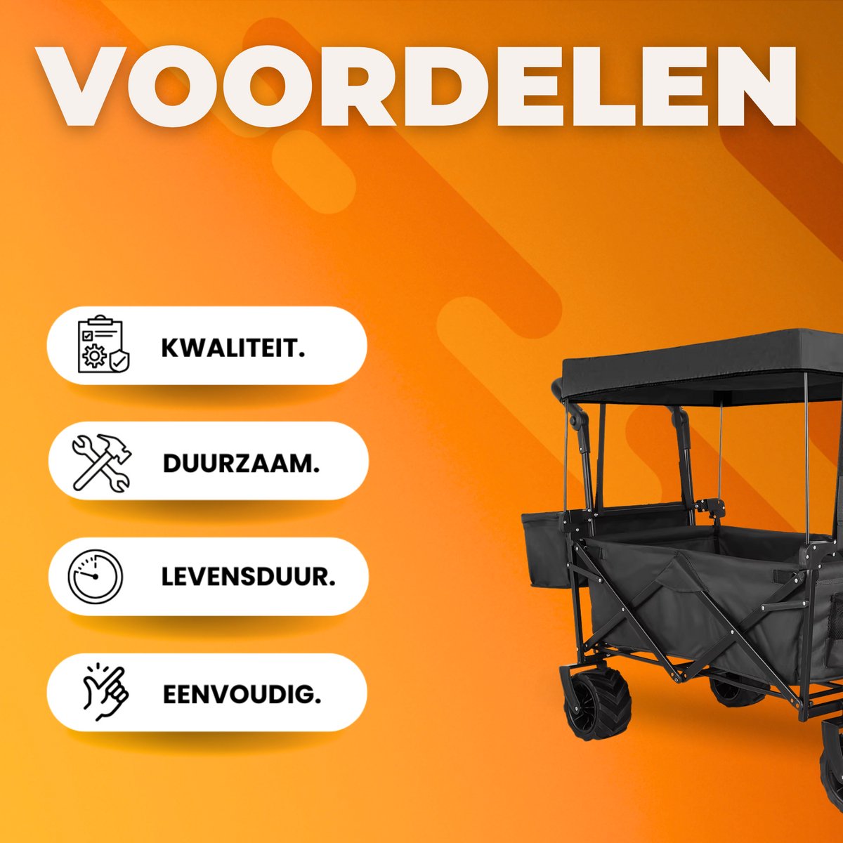 Opvouwbare bolderkar XL - 262L - Opvouwbaar tuinwagen - Met duwstang - Voor buitengebruik - Met verwijderbare luifel en 115 kg capaciteit - All terrain - Zwart