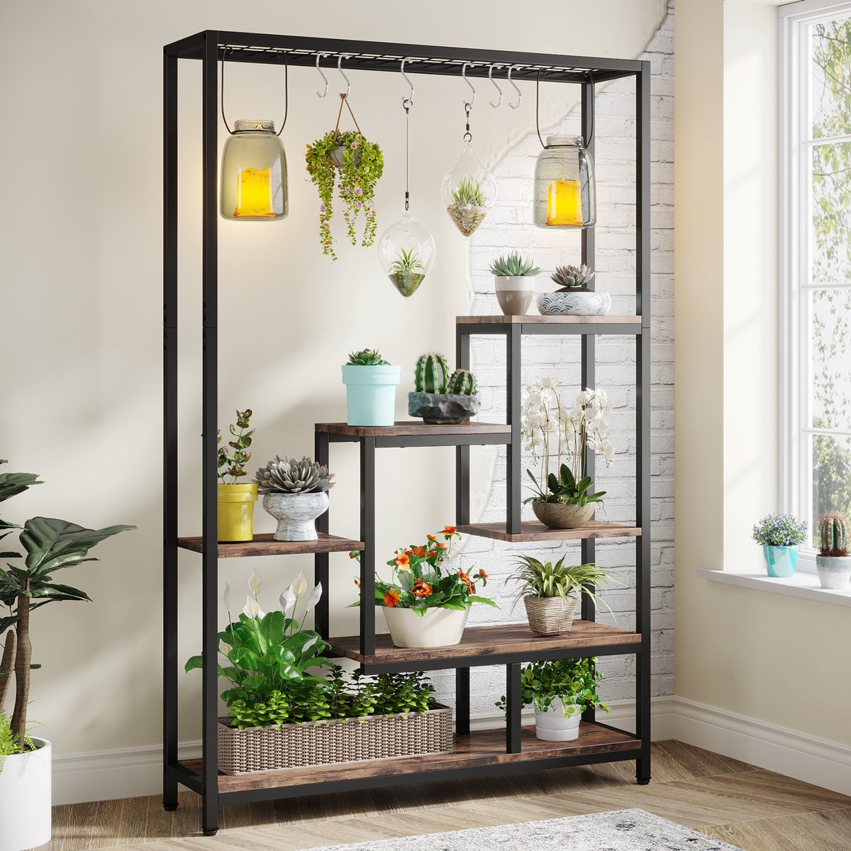 Plantenstandaard Lulu - 5 planken - Plantenrek voor binnen - 180cm - Plantentafel - Plantenladder - Zwart metaal