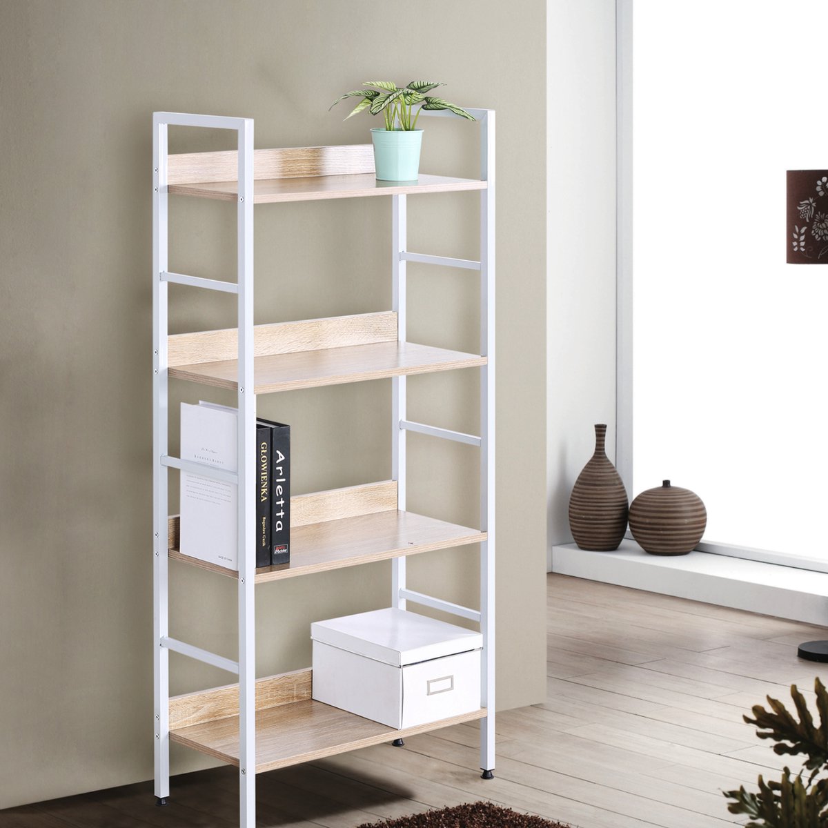 Happyment open boekenkast Bila - 4 planken - Voor kantoor - woonkamer - slaapkamer - 60 x 27.5 x 126 - industrieel ontwerp - vintage Wit/Oak