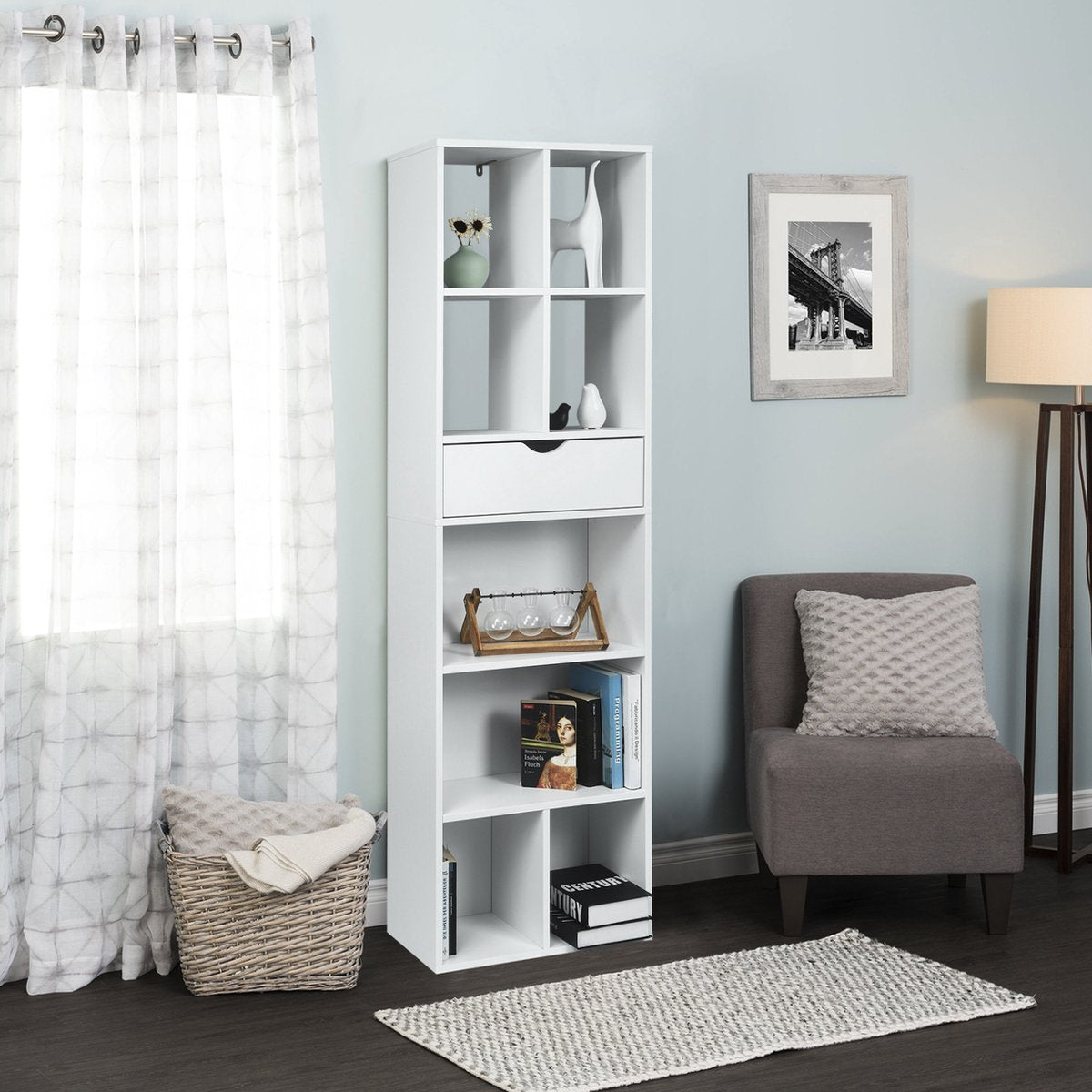 Happyment Open Boekenkast Gerry - 9 Vakken - 1 Lade - Wit - Boekenkast - Boekenrek - Woonkamer, slaapkamer en kinderkamer - Hout - 50 x 24 x 168cm