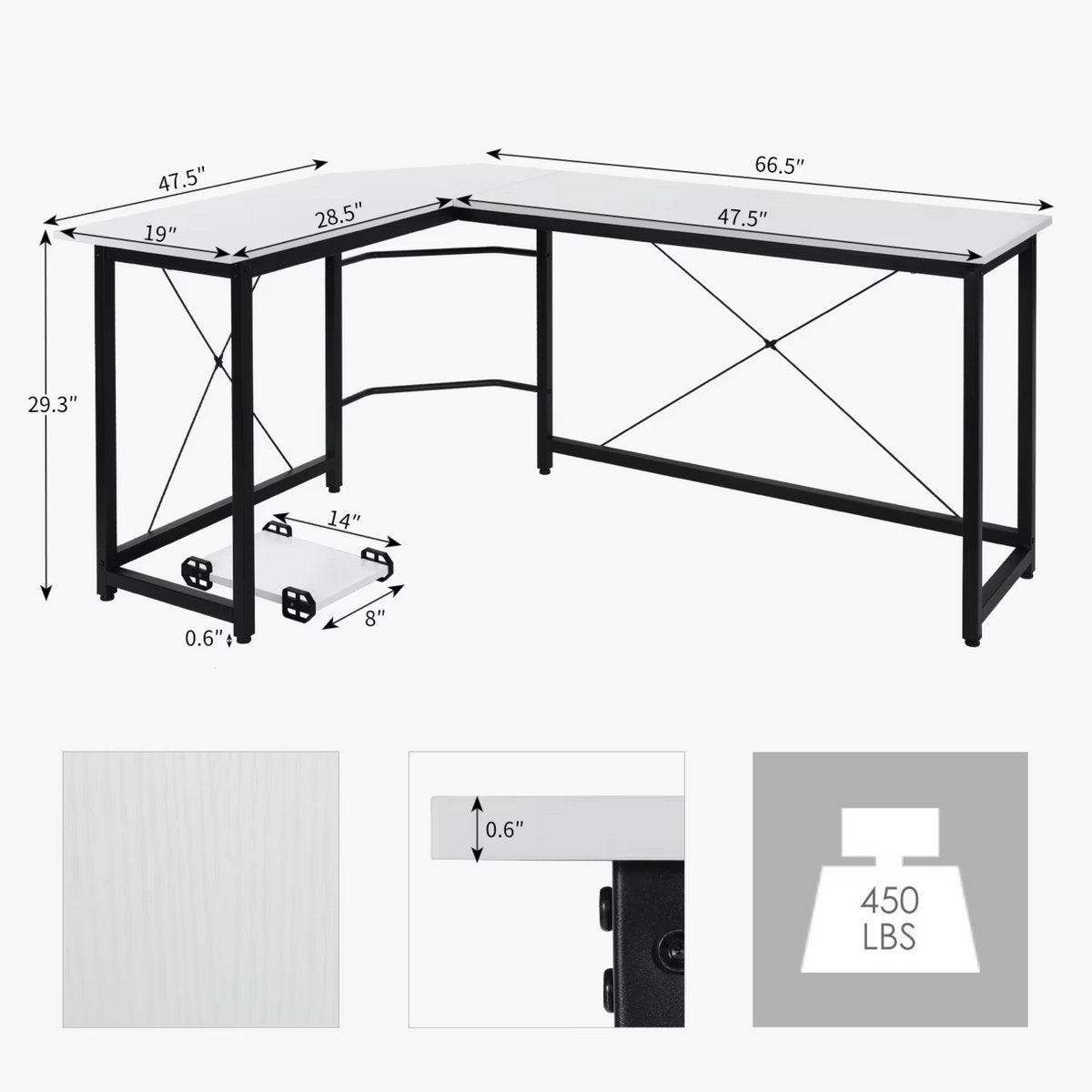 L-Vormig Thuis Bureau 167 cm - Voor Kantoor, Thuiswerk & Gaming - Stabiel Workstation - Wit