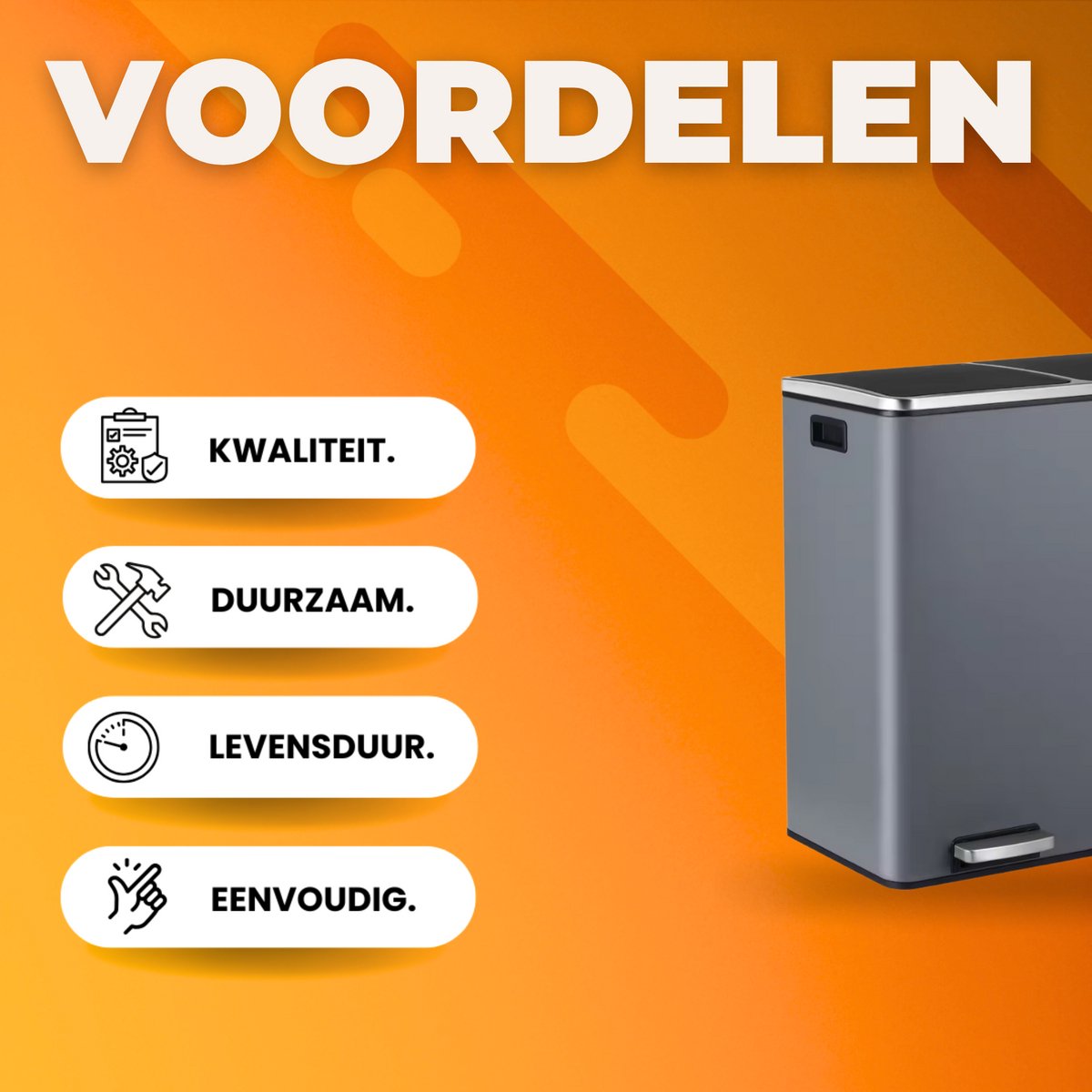 Pedaalemmer 2 vakken - 60L - Prullenbak - Afvalscheiding - RVS - Softclose - Anti-slip - Grijs