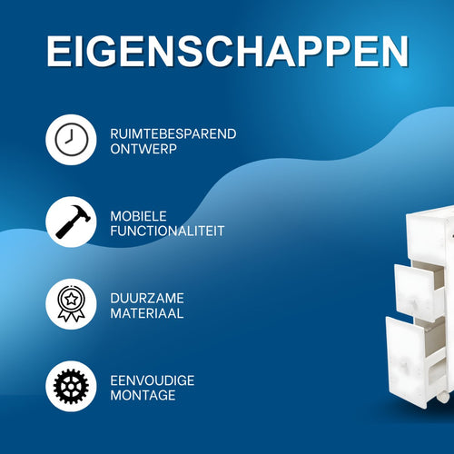 Badkamerkast - Opbergkast - Badkamermeubel - Voor smalle badkamers - Op wieltjes - Wit - 44*19,5*74 cm