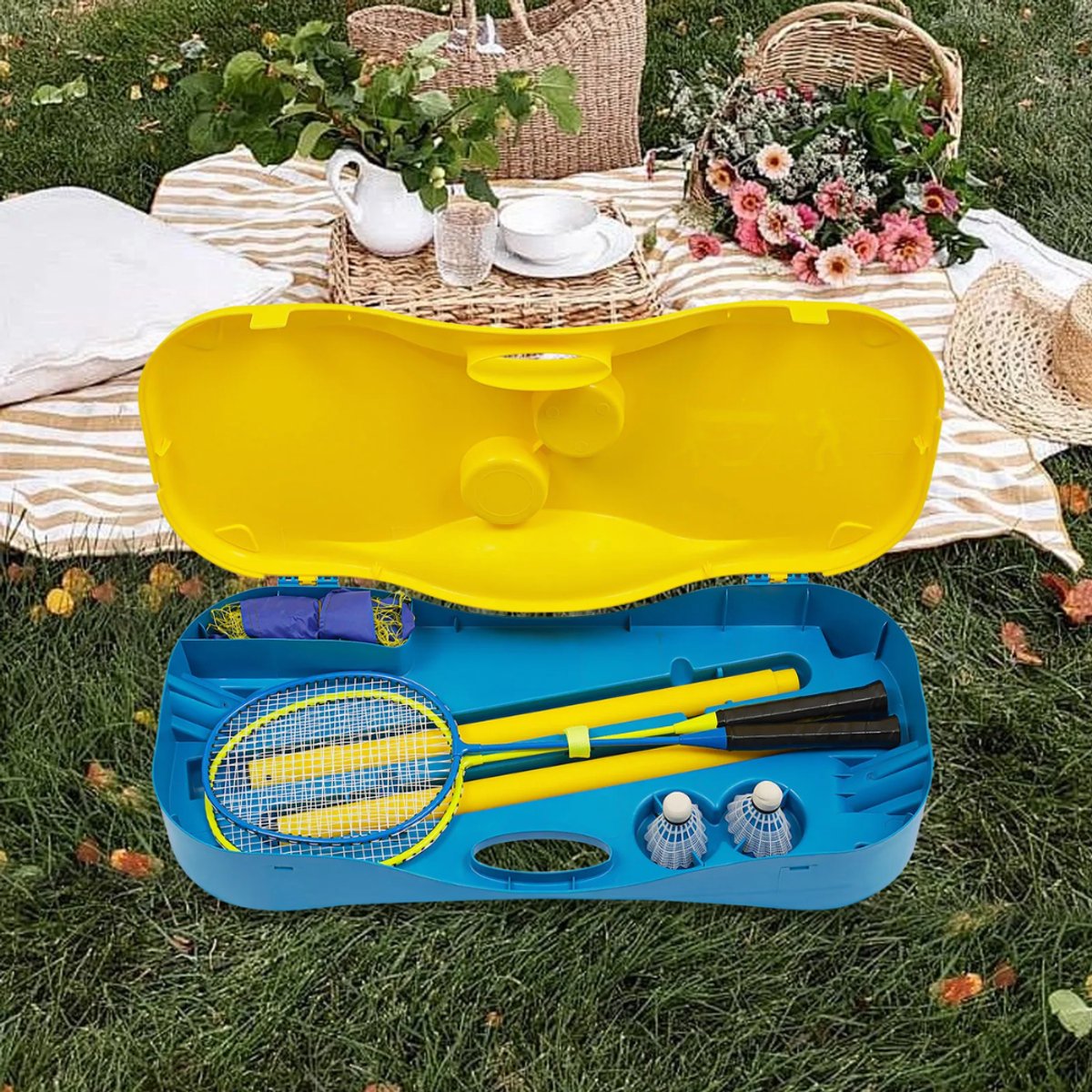Badmintonnet- Badmintonset - Badmintonrackets- Voor sport en recreatie - Compleet met rackets en shuttlecocks - Geel