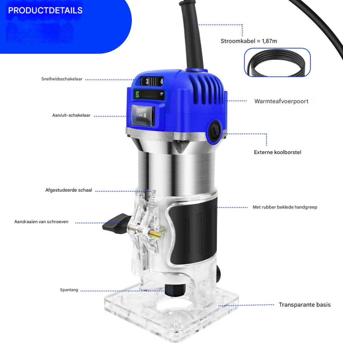 Palm Router Trimmer Tavien - Houtbewerking Handrouter met Trimmerbasis - Compacte Handheld Wood Router Power Tool